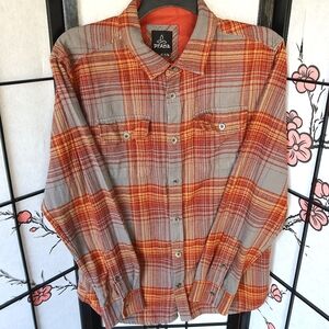 Prana Men's Casual Plaid Button Down Shirt Organic Cotton Orange Gray Large